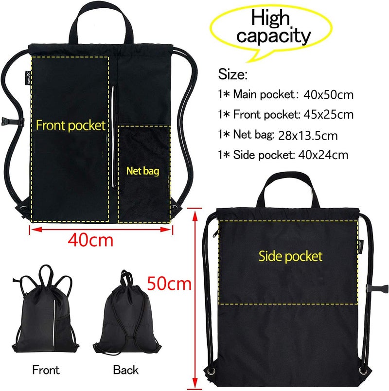 HOLYLUCK Men & Women Outdoor Sport Gym Sack Waterproof Drawstring Backpack Bag (black) - Image 3